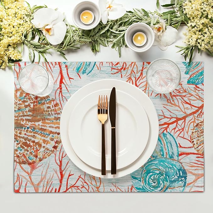 Giwawa Beach Life Placemats Set of 4-12"x18" Vintage Summer Seashell Conch Place Mat- Colorful Coastal Nautical Coral Linen Washable Table Mats for Kitchen Dining Party Tabletop Decoration