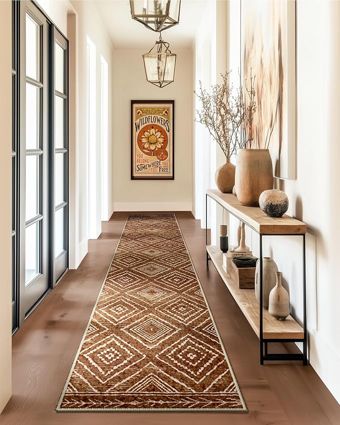 Area Rug 2x8 Rug Machine Washable Non-Slip Low Pile Print Pattern Western Rug for Living Room Bedroom Entryway Tribal Series -Yellowbrown/Cream
