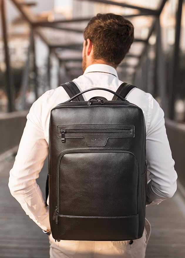 Shrrie Leather Laptop Backpack for Women and Men,28 L Travel Backpack Computer Bag Fits 16 inch Laptop,Expandable Casual Daypack with USB Charging Port for Work Business Weekender College,Black