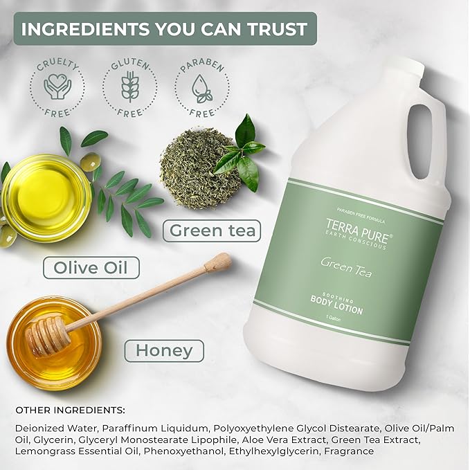 Terra Pure Green Tea Hotel Body Lotion | 1 Gallon | For Hospitality & Vacation Rentals to Refill Dispensers | (Set of 4)