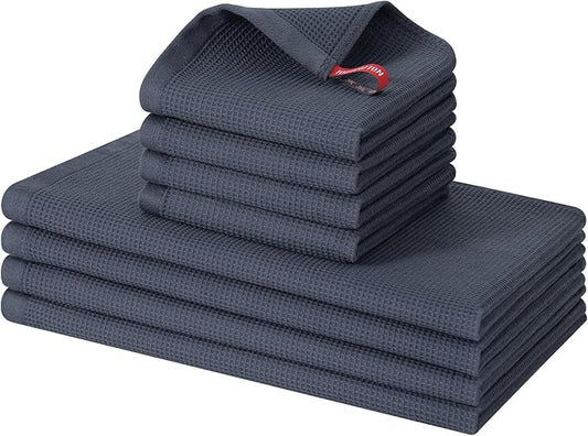 Homaxy 100% Cotton Kitchen Towels and Dishcloths Set - 8 Pack Waffle Weave Soft and Absorbent Dish Towels - 26 X 16 Inch and 12 X 12 Inch - Dark Grey