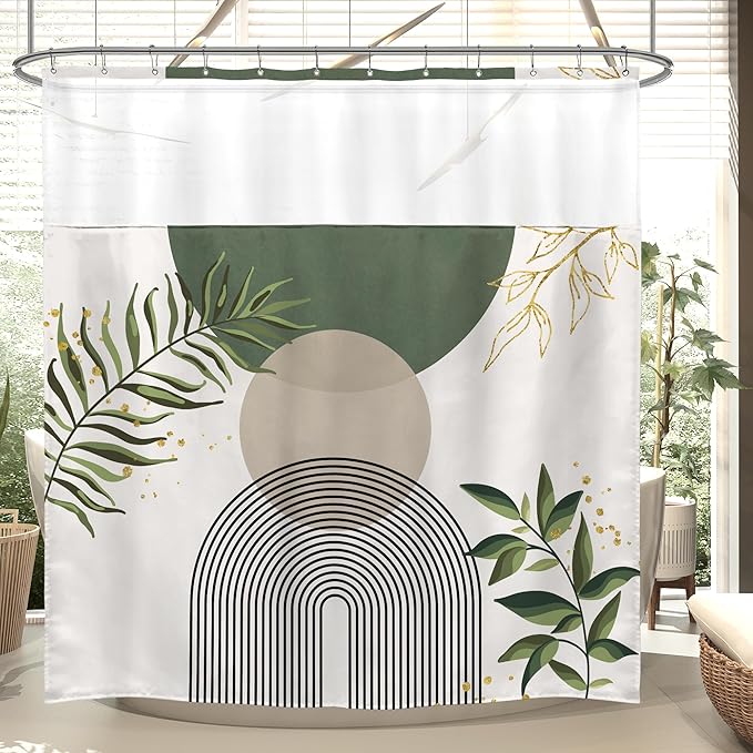 Sage Green Boho Shower Curtain with Snap in Liner Modern Mid Century Abstract Minimalist Gold Leaves Plant Sun Geometric Arch 72Wx72H Bathroom Decor Bath Curtain Fabric Polyester 12 Pack Hooks