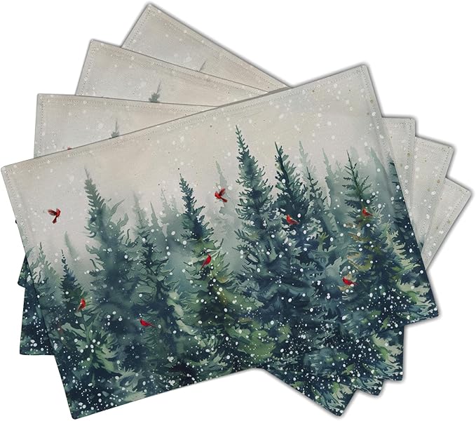 Giwawa Winter Pine Trees Placemats Set of 4 Watercolor Christmas Forest Red Birds Linen Table Mat 12"x18" Xmas Snowy Tree Decorative Seasonal Washable Place Mats for Kitchen Dining Holiday