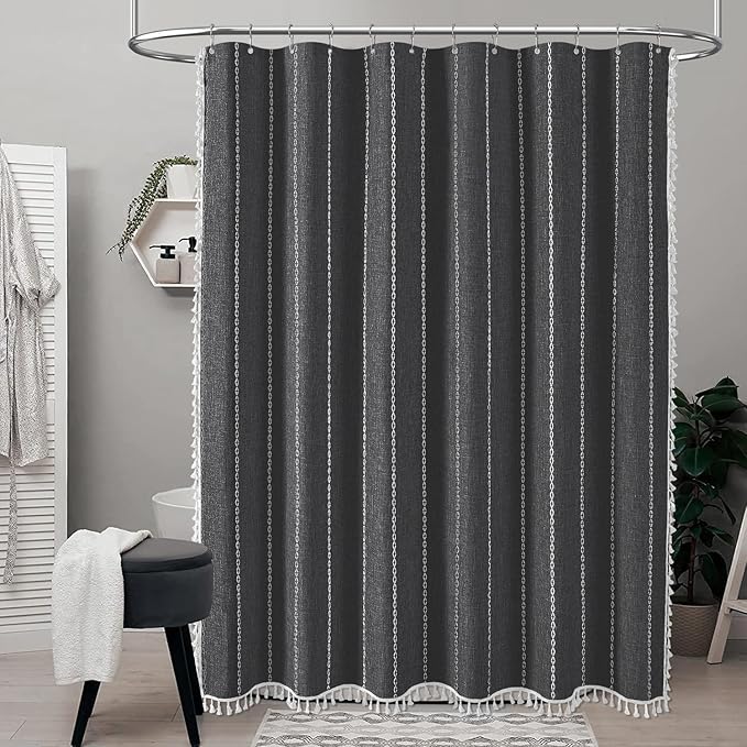 BTTN Extra Long Shower Curtain, 72x96 Long Striped Boho Chic Linen Fabric Heavy Duty Shower Curtain Set with Hooks, Tall Bohemian Farmhouse Tassel Cloth Shower Curtain for Bathroom, Charcoal Grey