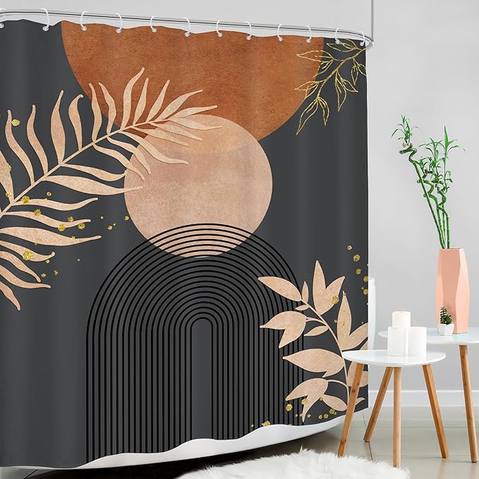 Dark Grey Brown Boho Modern Shower Curtain Mid Century Abstract Minimalist Burnt Orange Gold Leaf Arch Geometric Plant Neutral Bathroom Decor 60Wx72H Bath Curtain Fabric Polyester 12 Pack Hook