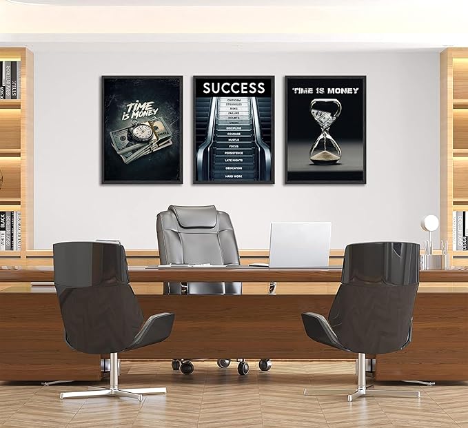 3Pcs Time Is Money Wall Art Paintings Office Wall Decor Pictures Inspirational Quotes Posters Prints Road to Success Canvas Paintings of Man Cave Living Room Bedroom Office Decor unframed