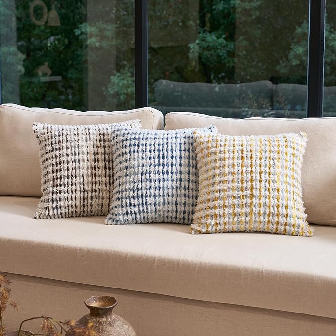 Aeckself Boho Chenille Tufted Pillow Cover 18x18 Inch, Decorative Square Throw Pillow Cover Neutral Pillowcase for Couch Bedroom Living Room, Blue White