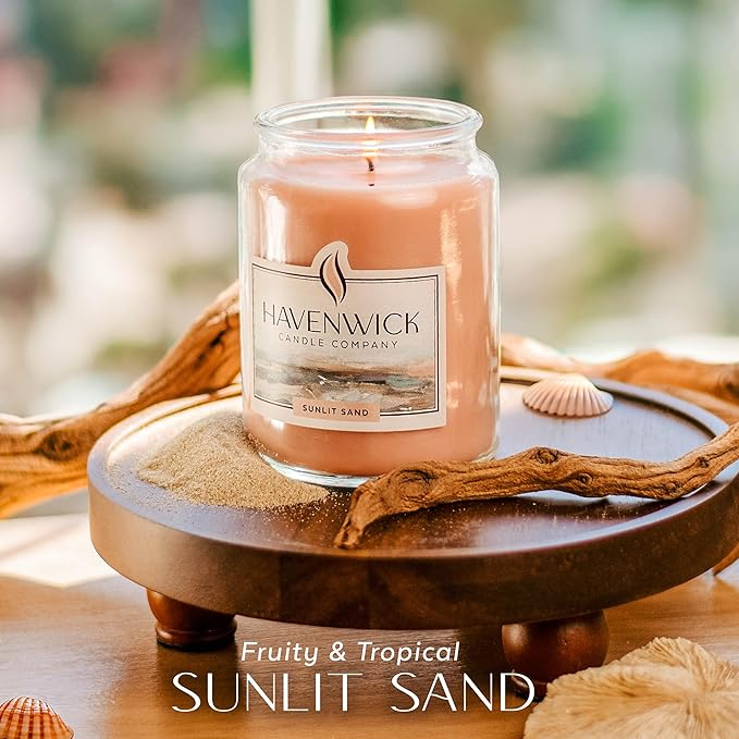 Havenwick Sunlit Sand Soy Blend 22-oz Large Jar Candle, Long Lasting 110-130 Hour Burn Time with Single Cotton Wick, Relaxing Scented Candles for New Home Gift & Housewarming Parties
