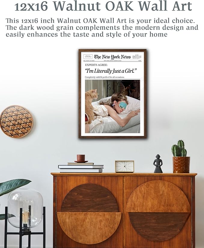 EcoHest Trendy Newspaper New York Magazine Framed Wall Art, 12x16 in Walnut Color OAK Wood I‘m Literally Just a Girl Canvas Wall Art, Magazine Preppy Home Decor, Set of 1 For Bedroom Living Room