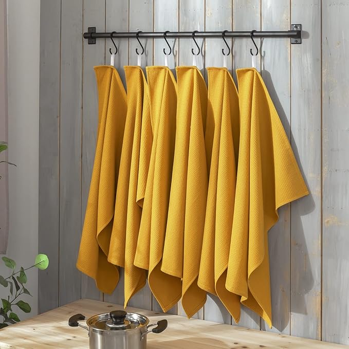 QUILTINA Dish Towels Set,100% Cotton Waffle Weave Kitchen Towels 6 Pack,17 x 25 Inches Dish Towels for Kitchen,Super Absorbent for Drying and Cleaning (Mustard Yellow)