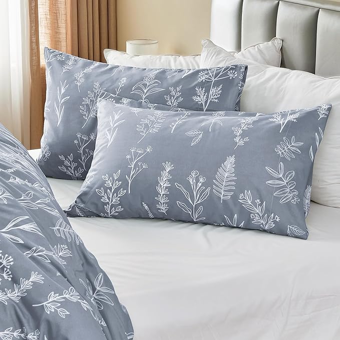 MUXHOMO Duvet Cover King Size, Reversible Floral Grey Duvet Cover Set with Zipper Closure, 3 Pieces Botanical Patterns Soft Microfiber Bedding Set (90"x104", 2 Pillow Cases 20"×36")