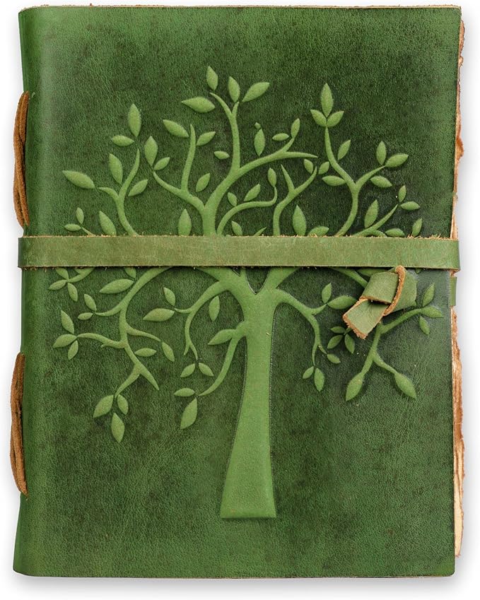 LEATHER VILLAGE Tree of Life Journal - 10 X 7 inches - Green - 200 Antique Deckle Edge Handmade Paper – Book of Shadows - Vintage Leather Bound Journal for Women & Men
