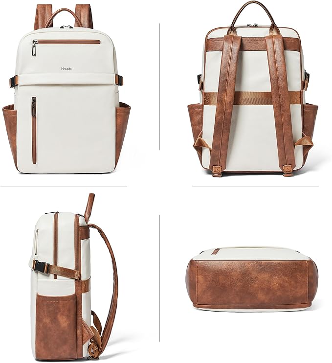 Leather Laptop Backpack for Women, 15.6 Inch Laptop Travel Backpack Purse Large Capacity Computer Bag, Casual Daypack Nurse Bag College Bookbag for School, Beige