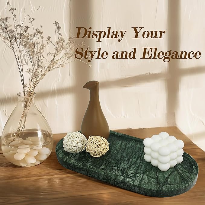 100% Real Natural Marble Tray for Bathroom, Luxury Indian Green Stone Vanity Tray, Decorative Oval Trays for Countertop Storage Organizer, Dresser, Kitchen, Home Decor, 11.8" x 6", Green