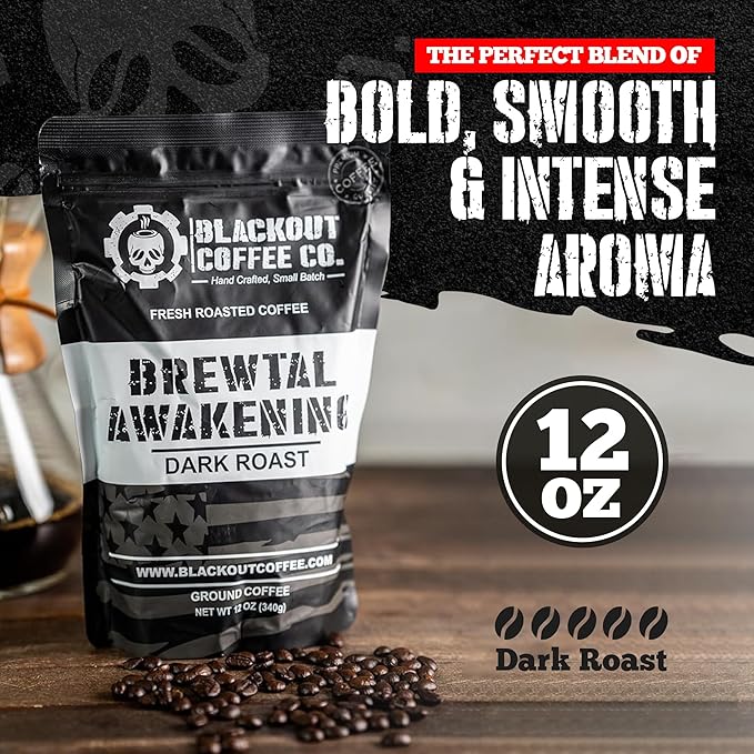 Blackout Coffee Brewtal Awakening Whole Bean Coffee – Dark Roast, High Caffeine, Bold & Strong – Freshly Roasted 12oz Bag, American Made