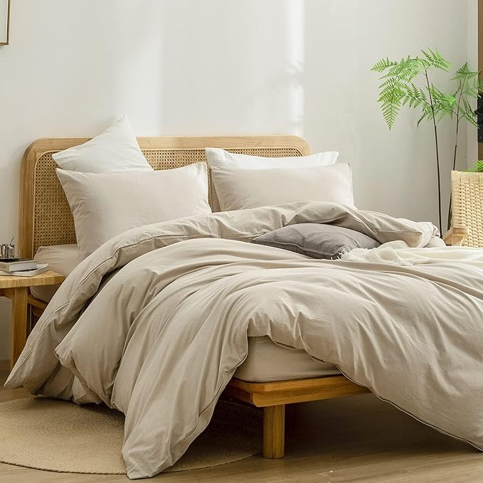 BESTOUCH Duvet Cover Set 100% Washed Cotton Linen Feel Super Soft Comfortable Chic Lightweight 3 PCs Home Bedding Set Solid Almond Milk Grey Oversized Full