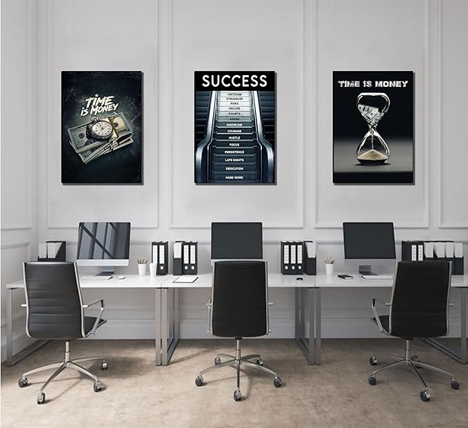 3Pcs Framed Time Is Money Canvas Wall Art Office Wall Decor Inspirational Quotes Pictures Paintings Path to Success Posters Prints of man cave Living Room Bedroom Office Decor Ready to Hang