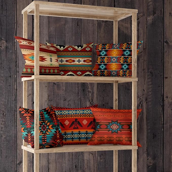 Native American Throw Pillow Covers Set of 6, Western Rustic Burnt Orange Home Decor Outdoor Tribal Ethnic Farmhouse Navajo Decorative Cushion Case 18"X18"