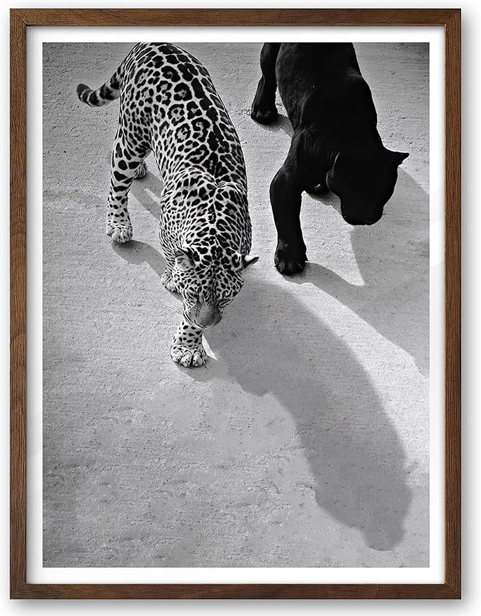 EcoHest Cheetah and Jaguar Walking Framed Wall Art, Walnut Color 12x16 in OAK Wood Vintage Black and White Funny Bathroom Canvas Art, Fashion 1950s Poster Decor, Set of 1 for Bedroom Living Room