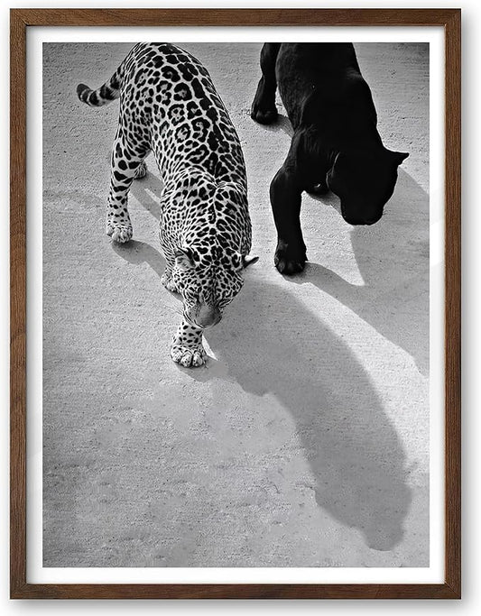 EcoHest Cheetah and Jaguar Walking Framed Wall Art, Walnut Color 12x16 in OAK Wood Vintage Black and White Funny Bathroom Canvas Art, Fashion 1950s Poster Decor, Set of 1 for Bedroom Living Room