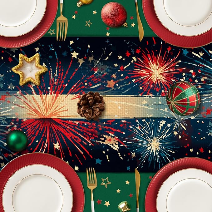 Blue Red Fireworks Burlap Table Runner Seasonal Spring Fall Kitchen Dining Linen Table Decoration for Indoor Outdoor Home Party Dinner 13x72 Inch