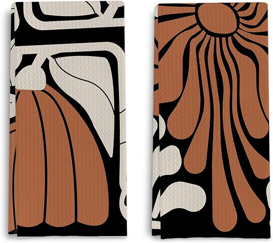 Black and White Floral Kitchen Towels, Retro 70s Groovy Hand Towels for Bathroom Decor, Modern Minimalist Botanical Dish Tea Towels for Kitchen Decor(16×24 Set of 2)