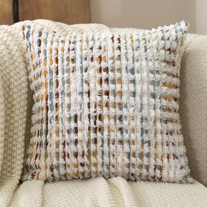 Aeckself Boho Chenille Tufted Pillow Cover 24 x 24 Inch, Decorative Square Big Throw Pillow Cover Neutral Pillowcase for Couch Bedroom Living Room, Orange White