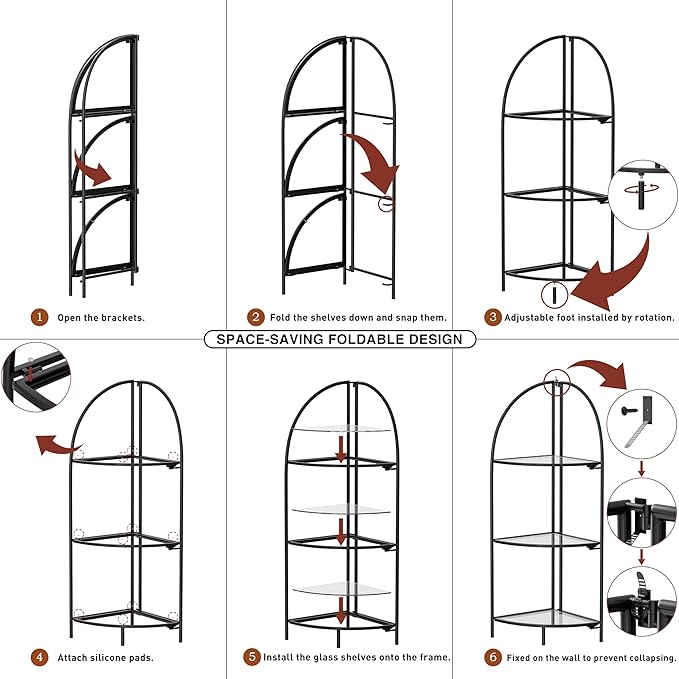Crofy Foldable 3 Tier Corner Shelf, Metal Corner Plant Stand with Black Frame and Transparent Shelves, Corner Display Rack Multipurpose Shelving Unit for Living Room, Bedroom, Bathroom