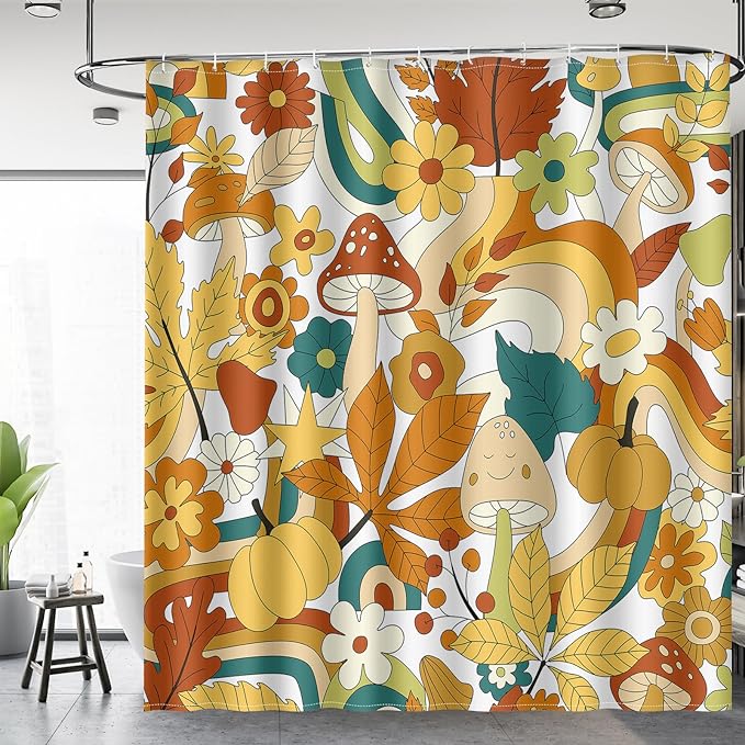 Aimego Cute Mushroom Shower Curtain - 70s Retro Boho Floral Plant Funky Groovy Flowers Hippie Fabric Cloth Bath Shower Curtain Set with 12 Hooks for Bathroom Decor Accessories, 72"x72"