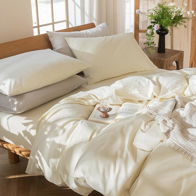 MooMee Bedding Duvet Cover Set 100% Washed Cotton Linen Like Textured Breathable Durable Soft Comfy (Solid Cream White, Palatial King/Oversized King 120"x98")