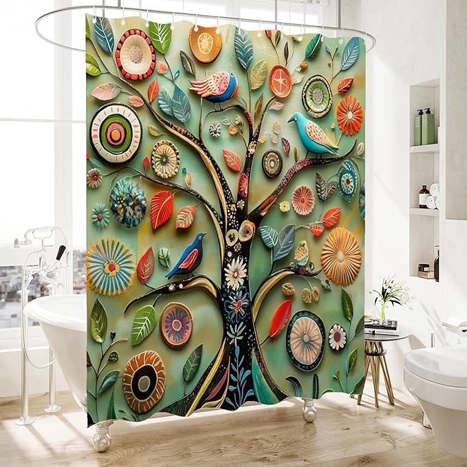 Bohemian Bathroom Curtain Colorful Boho Floral Print Beautiful Bright Polyester Fabric Cloth Shower Curtain for Bathroom Decoration, 72"x72"