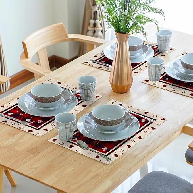 Giwawa Valentine Decorative Placemats Set of 4-12"x18" Love Heart Place Mat with Red Black Buffalo Plaids- Romantic Wedding Anniversary Linen Table Mats for Kitchen Dining Holiday Decor