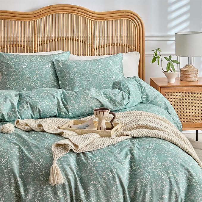 mixinni 3 Pieces Duvet Covers King Size, 100% Cotton Comforter Cover Wildflower Printed on Sage Green Floral Bedding Set with Zipper Closure 4 Ties (1 Duvet Cover 104"x90", 2 Pillow Cases 20"x36")