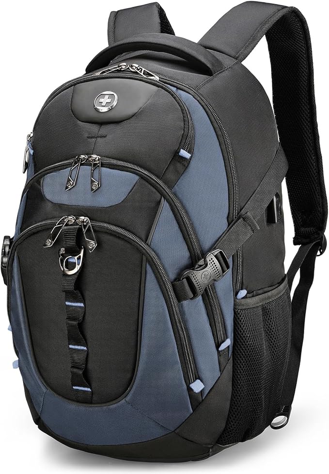 Swissdigital Design Laptop Backpack with USB Charging Port, Travel Backpack Fits 15.6 inches Computer, 31L College School Backpack for Men, Haze Blue/Black | SD803