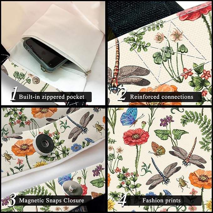 Canvas Tote Bag for Women，Cute Heavy-Duty Shoulder Bag with Zipper Pocket -Travel Tote for Grocery, Gym,Shopping