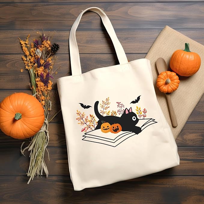 Cute Ghost Tote Bag Black Cats Tote Bag Halloween Cotton Canvas Bag for Women Gift Reusable Grocery Bag Shopping Beach Shoulder Bag