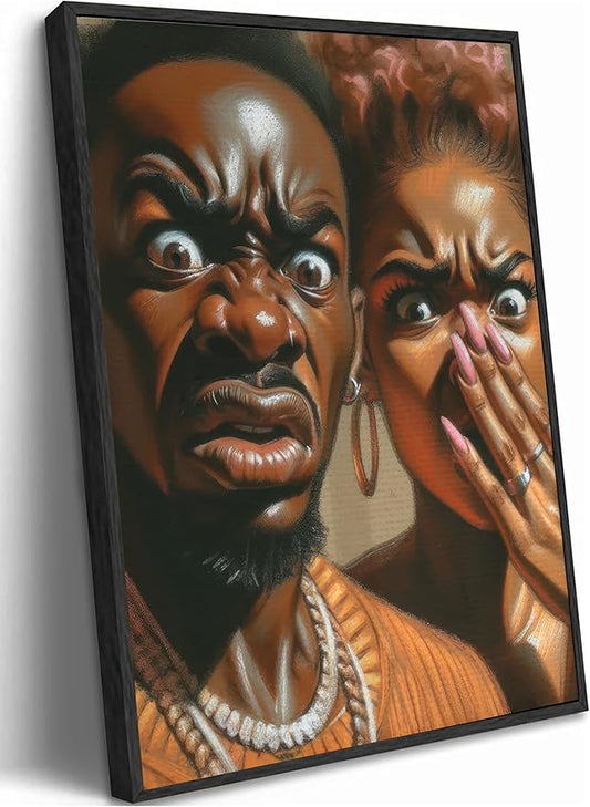 Funny African American Bathroom Canvas Wall Art Humor Afrocentric Black Couple Unpleasant Smell Cover Nose Painting Picture Wall Decor Print Artwork for Washroom Toilet Home Decoration Unframed