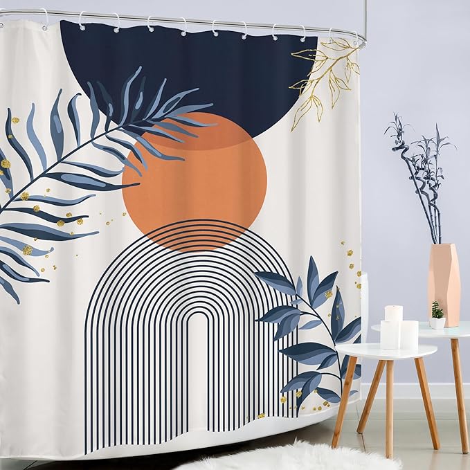 Navy Blue Boho Shower Curtain 60Wx72H Modern Abstract Bohemian Blue Gold Leaves Orange Minimalist Mid Century Plant Arch Bathroom Decor Neutral Geometric Bath Curtain Polyester 12 Pack Hooks