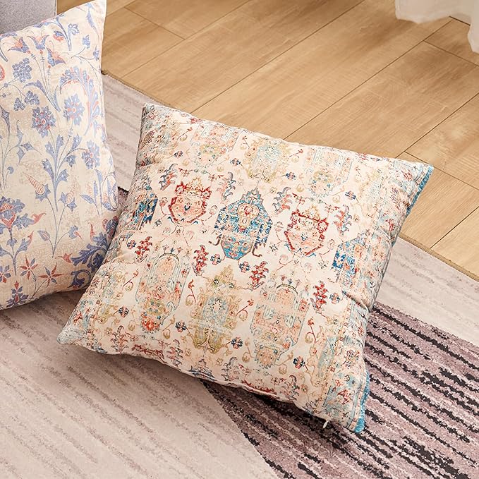 Boho Floral Throw Pillow Covers 16x16 inch Set of 2,Beige Boho Rug Geometric Floral Pattern Decor Double Sided Pattern Cushion Cover Soft Pillow Case Living Sofa Room Bed Square Pillow Cover