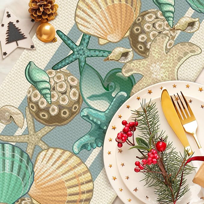 Sea Shell Table Runner Seasonal Spring Fall Kitchen Dining Linen Table Decoration for Indoor Outdoor Home Party Dinner 13x72 Inch