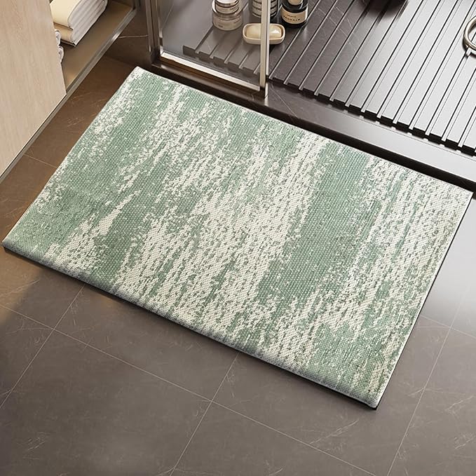 HDFK Graffiti Bath Mat | Non Slip Water Absorbent Quick Dry Woven Floor Mats | Thin Machine Washable Modern Shower Rug | Low Pile Profile Small Vanity Room Bathroom Rugs | 24x17.7 Inch Sage Green