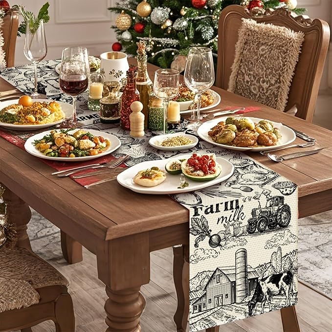 Farm Burlap Table Runner Seasonal Spring Fall Kitchen Dining Linen Table Decoration for Indoor Outdoor Home Party Dinner 13x72 Inch