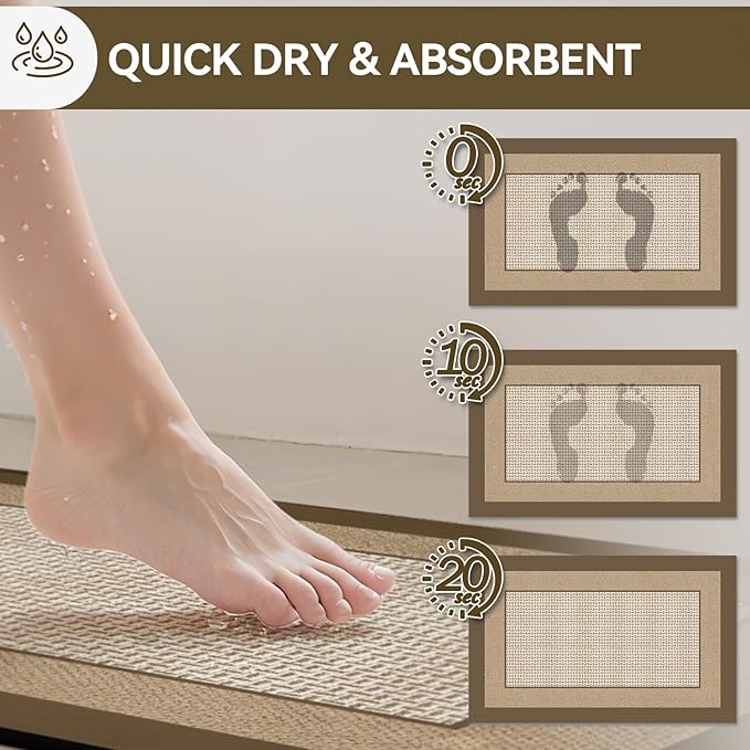 Non Slip Thin Bath Mat Bathroom Rugs, Rubber Backing Ultra Thin Bathroom Rug Fit Under Door, Quick Dry Super Absorbent Washable Shower Bath Mats, Khaki 24x36