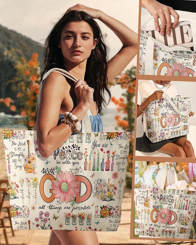 Large Tote Bag for Women - Aesthetic Cute Big Canvas Bags with Zipper Cotton Shoulder Bag for Gym, Travel, Work