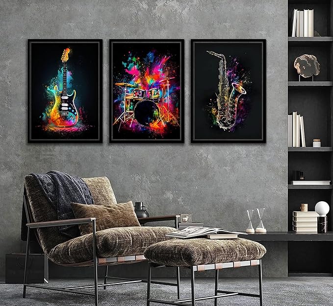 3pcs Musical Instrument Graffiti Canvas Wall Art Pop Music Instrument Style Posters Prints Rock Electric Guitar Jazz Drum Wall Decor Pictures for Living Room Bedroom Home Decoration Unframed