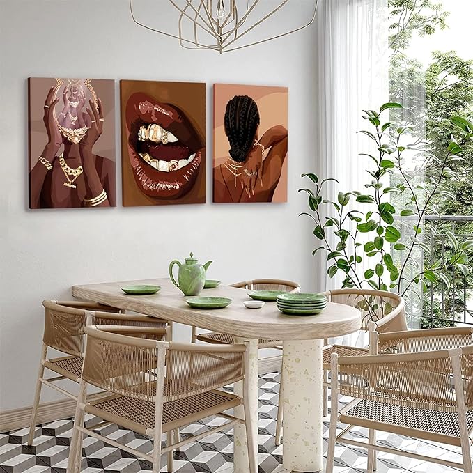 ANVOTIG Framed Black Woman Wall Art Set of 3 Black Girl African Women Canvas Wall Decor American Black Female Pictures Boho Fashion Abstract Posters for Home BedRoom Living Room Bathroom16x24in
