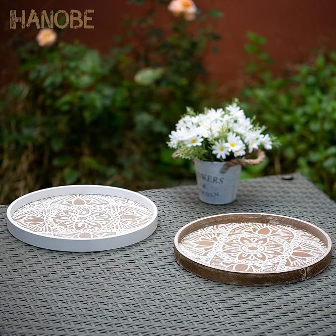 Hanobe Round Decorative Tray for Centerpiece: Boho Coffee Table Trays for Home Decor - Farmhouse Wood Serving Platter Rustic Circle Bohemian for Kitchen Counter Women