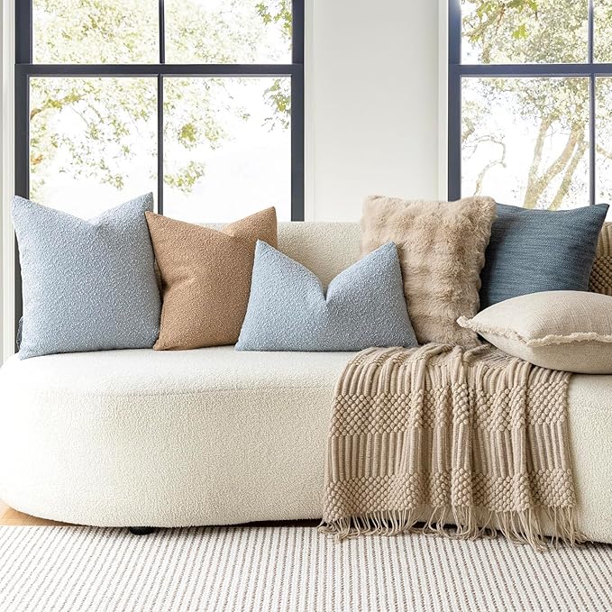 Foindtower Set of 2, Decorative Textured Boucle Throw Pillow Covers Accent Solid Pillow Cases Neutral Soft Cozy Couch Cushion Case for Chair Sofa Bedroom Living Room Home Decor 16 x 16 Inch Light Blue