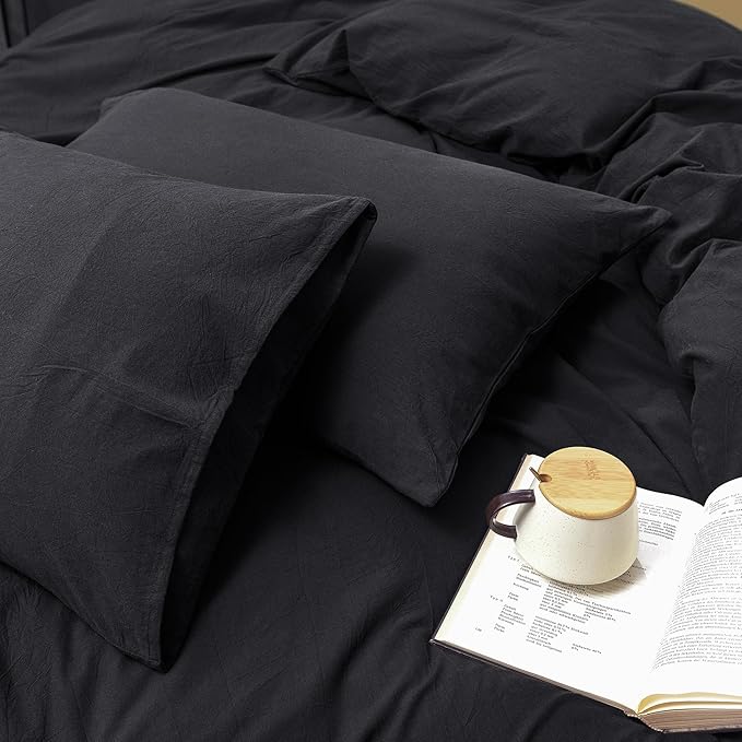 FOSSA Duvet Cover Set 100% Washed Cotton Linen Feel Super Soft Breathable Cozy 3 Pieces Bedding Sets Solid Black Oversized King