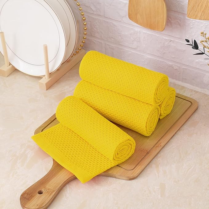 Homaxy 100% Cotton Waffle Weave Kitchen Towels, 13 x 28 Inches Super Absorbent and Machine Washable Dish Towels for Drying Dishes, 4-Packs, Yellow